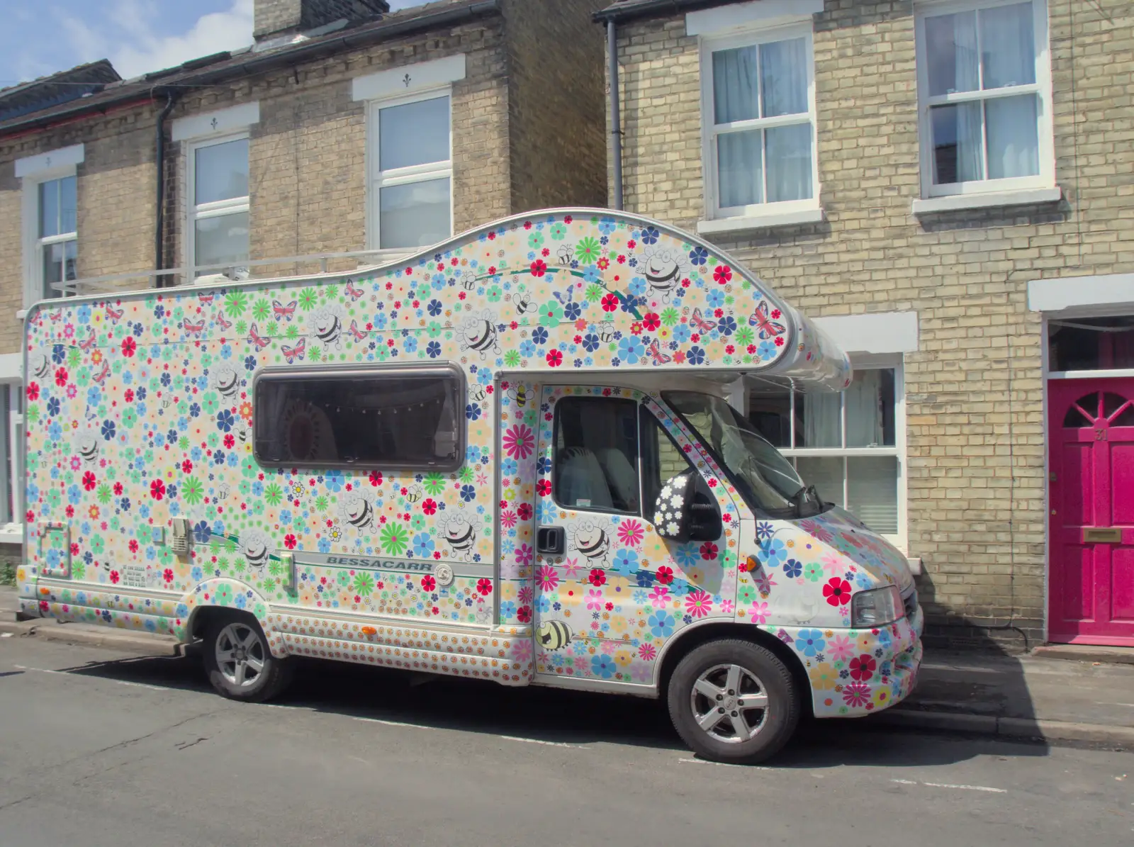 A flowery camper van on Catherine Street, Cambridge, from The BSCC at Gissing Crown and Thelnetham White Horse - 18th July 2024