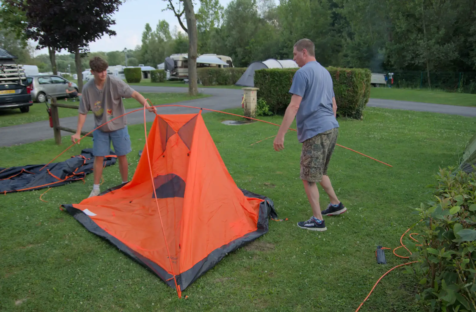 Rowan and Sean set up their tent, from An Olympic Road Trip from Diss to Marseille, France - 3rd August 2024