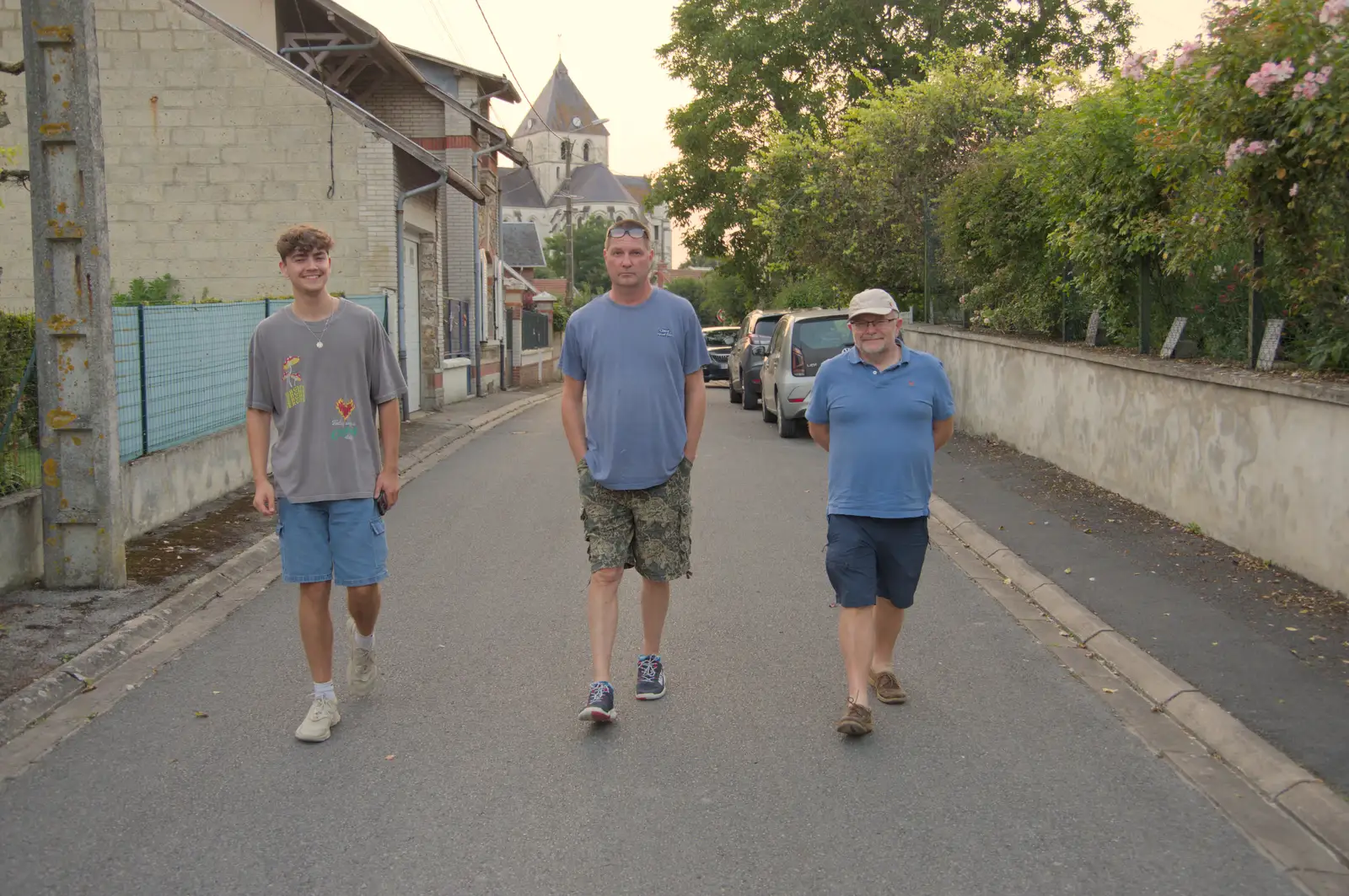 Hamish, Sean and Rowan walk through Guignicourt, from An Olympic Road Trip from Diss to Marseille, France - 3rd August 2024