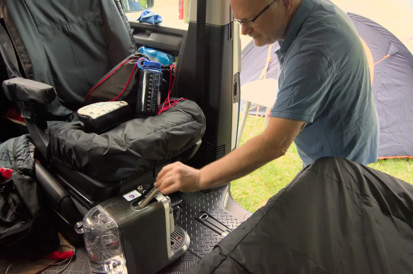 Hamish has an actual coffee machine for his van, from An Olympic Road Trip from Diss to Marseille, France - 3rd August 2024