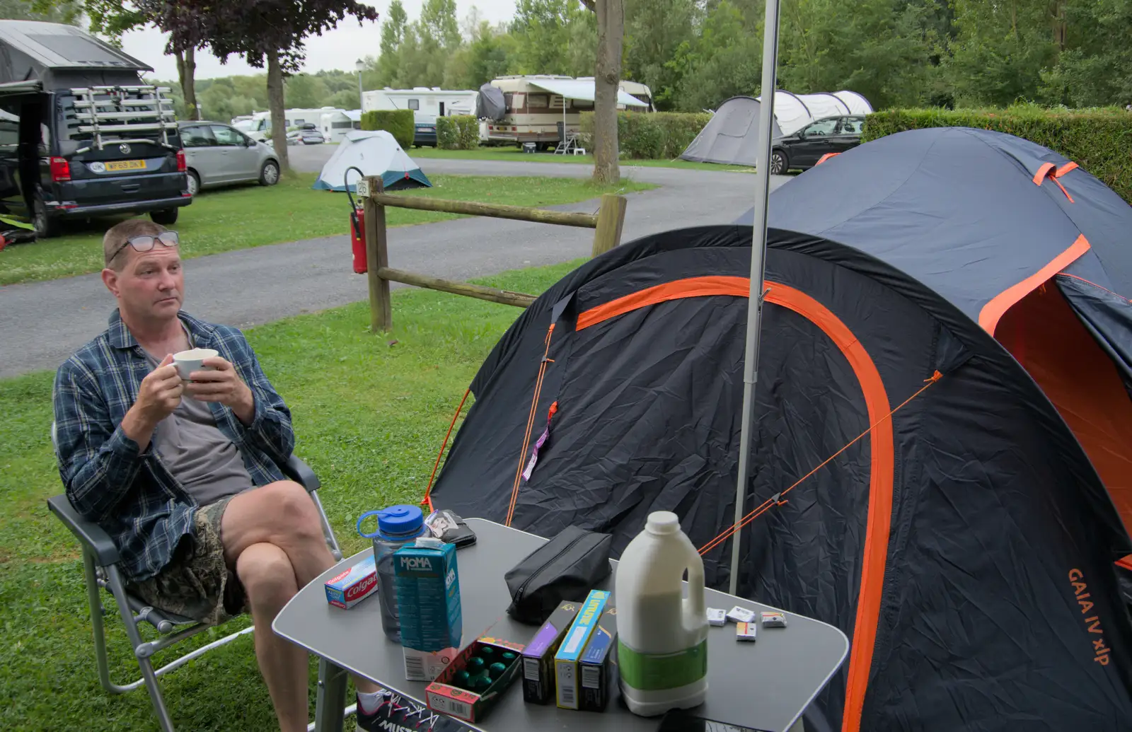 Sean has a coffee in the morning, from An Olympic Road Trip from Diss to Marseille, France - 3rd August 2024