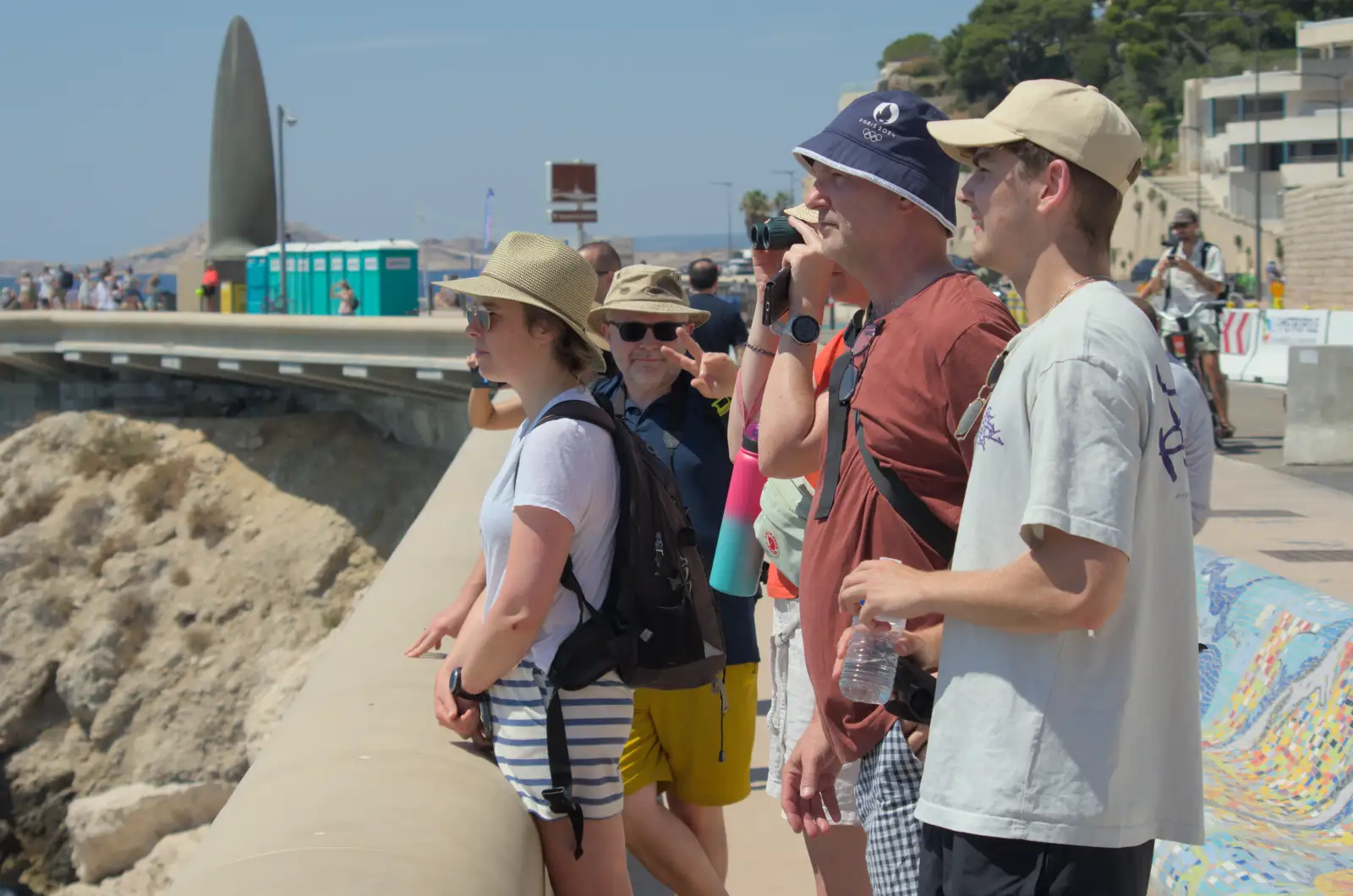 The group looks out from the overhanging promenade, from Hannah and Olympic ILCA 6 Sailing, Marseille, France - 5th August 2024