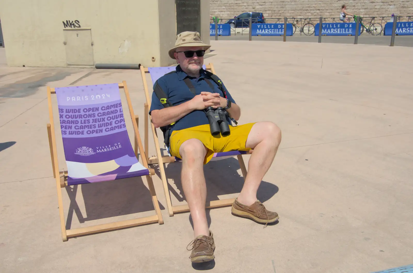 Hamish hangs around with his binoculars, from Hannah and Olympic ILCA 6 Sailing, Marseille, France - 5th August 2024