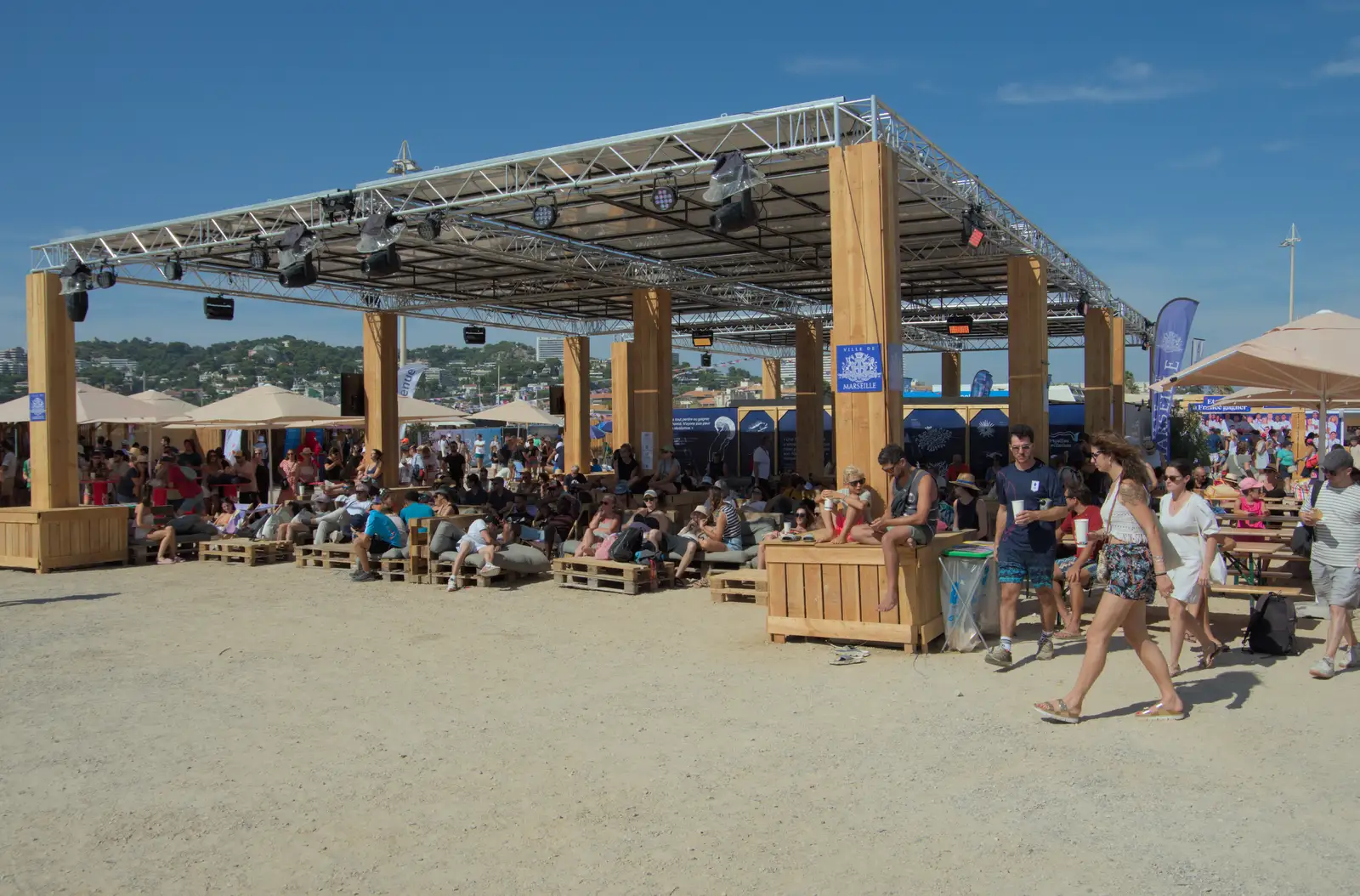 A covered viewing area, from Hannah and Olympic ILCA 6 Sailing, Marseille, France - 5th August 2024