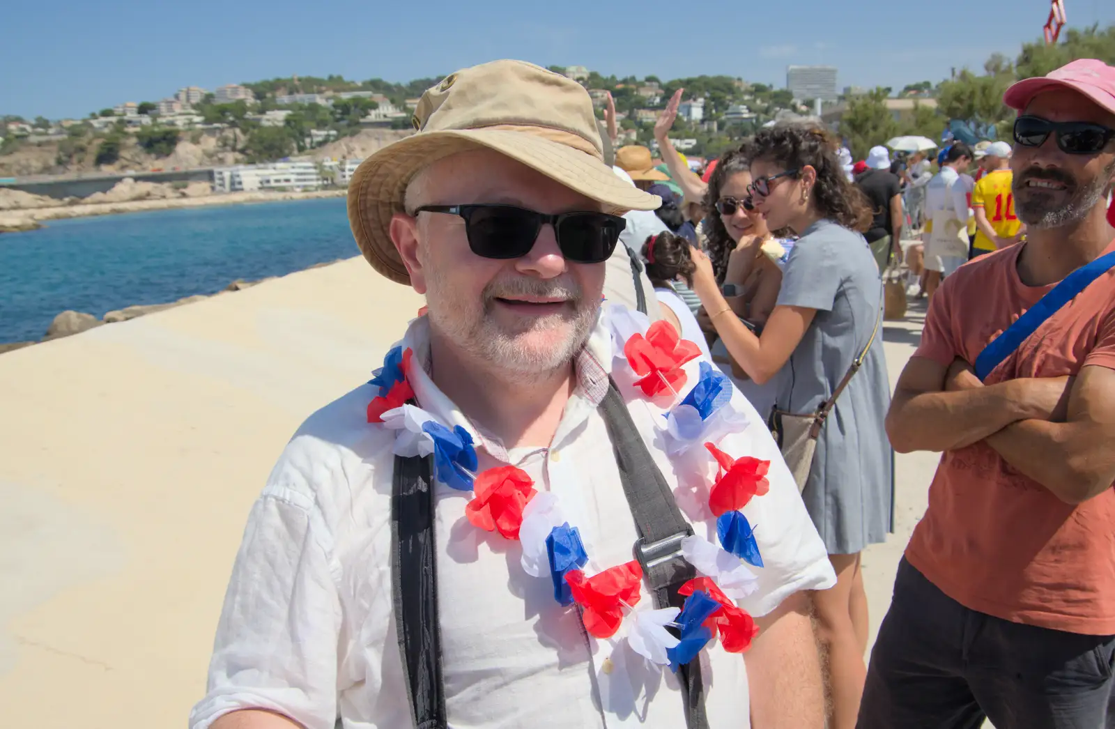 Hamish with a patriotic garland, from Hannah and Olympic ILCA 6 Sailing, Marseille, France - 5th August 2024