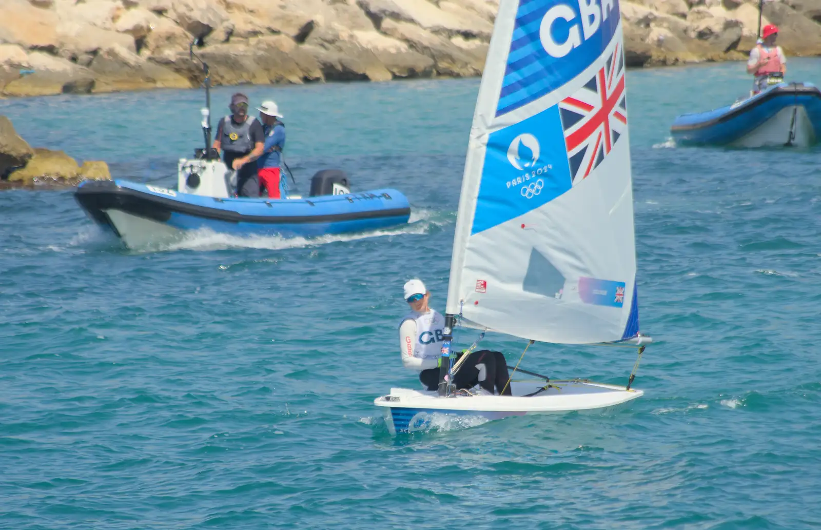 Hannah sails out from the marina, from Hannah and Olympic ILCA 6 Sailing, Marseille, France - 5th August 2024