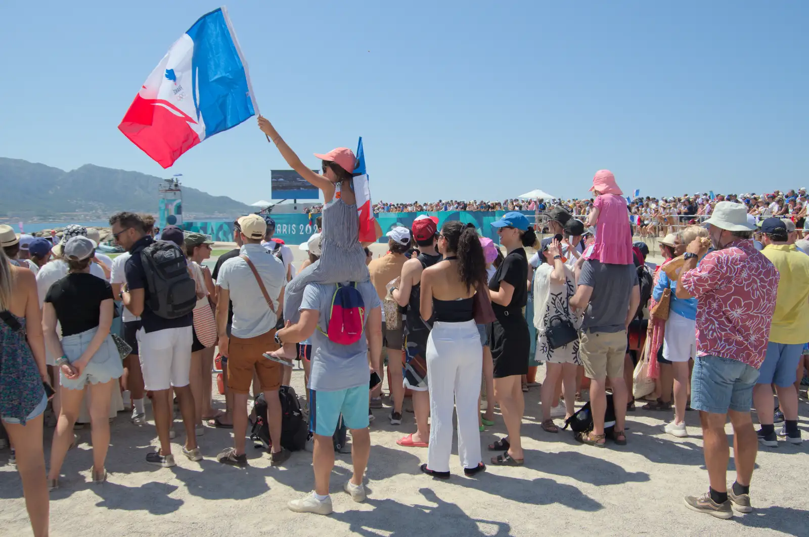 A crowd watches the kite surfing arena, from Hannah and Olympic ILCA 6 Sailing, Marseille, France - 5th August 2024