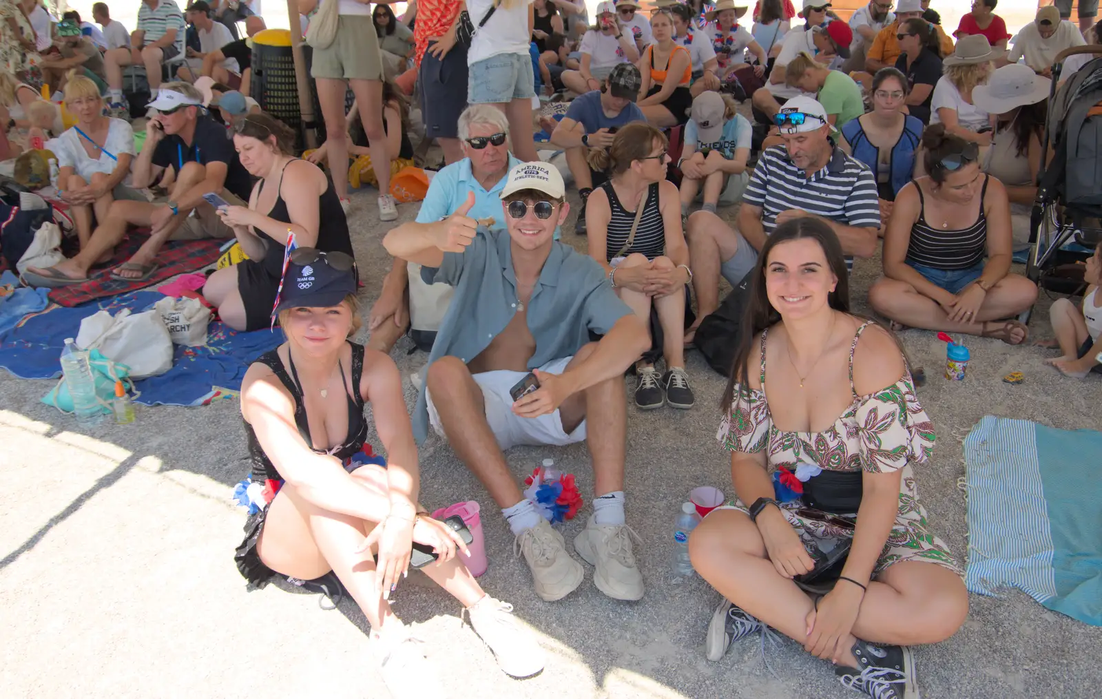 Sydney, Rowan and Casey under the tent, from Hannah and Olympic ILCA 6 Sailing, Marseille, France - 5th August 2024