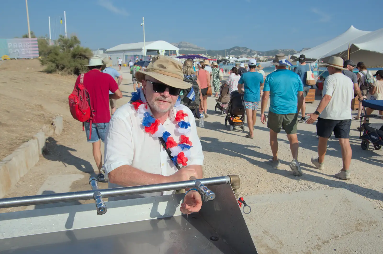 Hamish visits the water station, from Hannah and Olympic ILCA 6 Sailing, Marseille, France - 5th August 2024