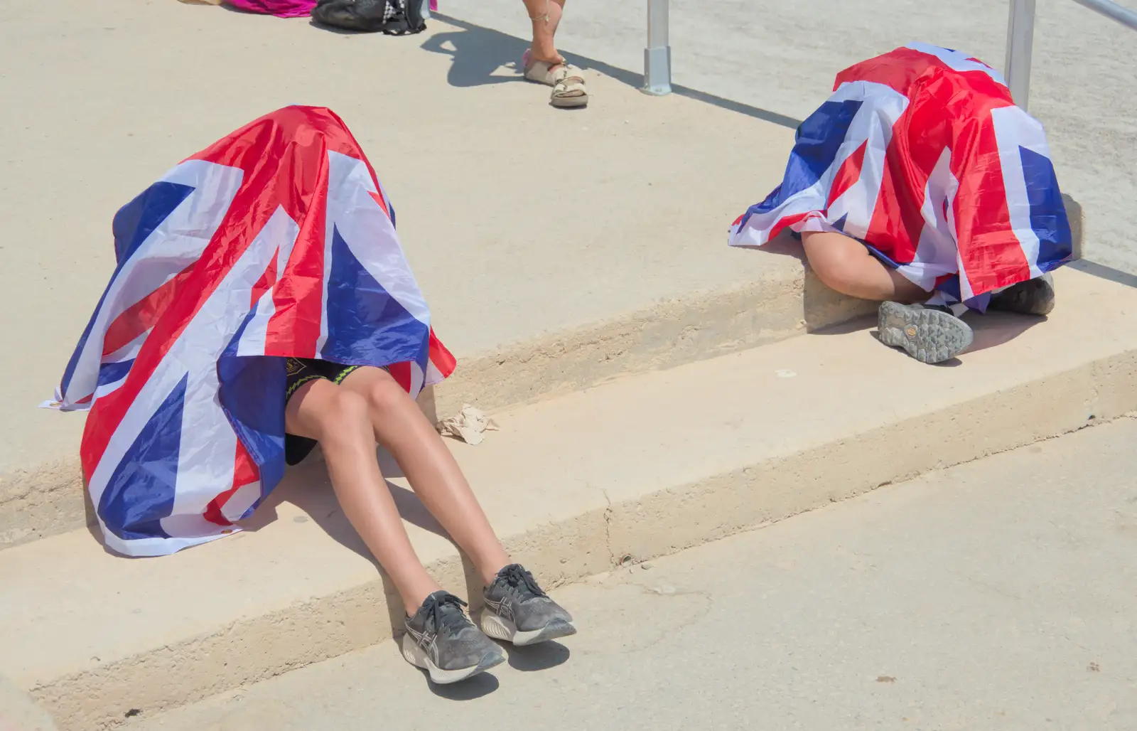 Two boys shelter from the sun, from Olympic Non-Sailing, Notre Dame, and the Journey Home, Marseille, France - 8th August 2024