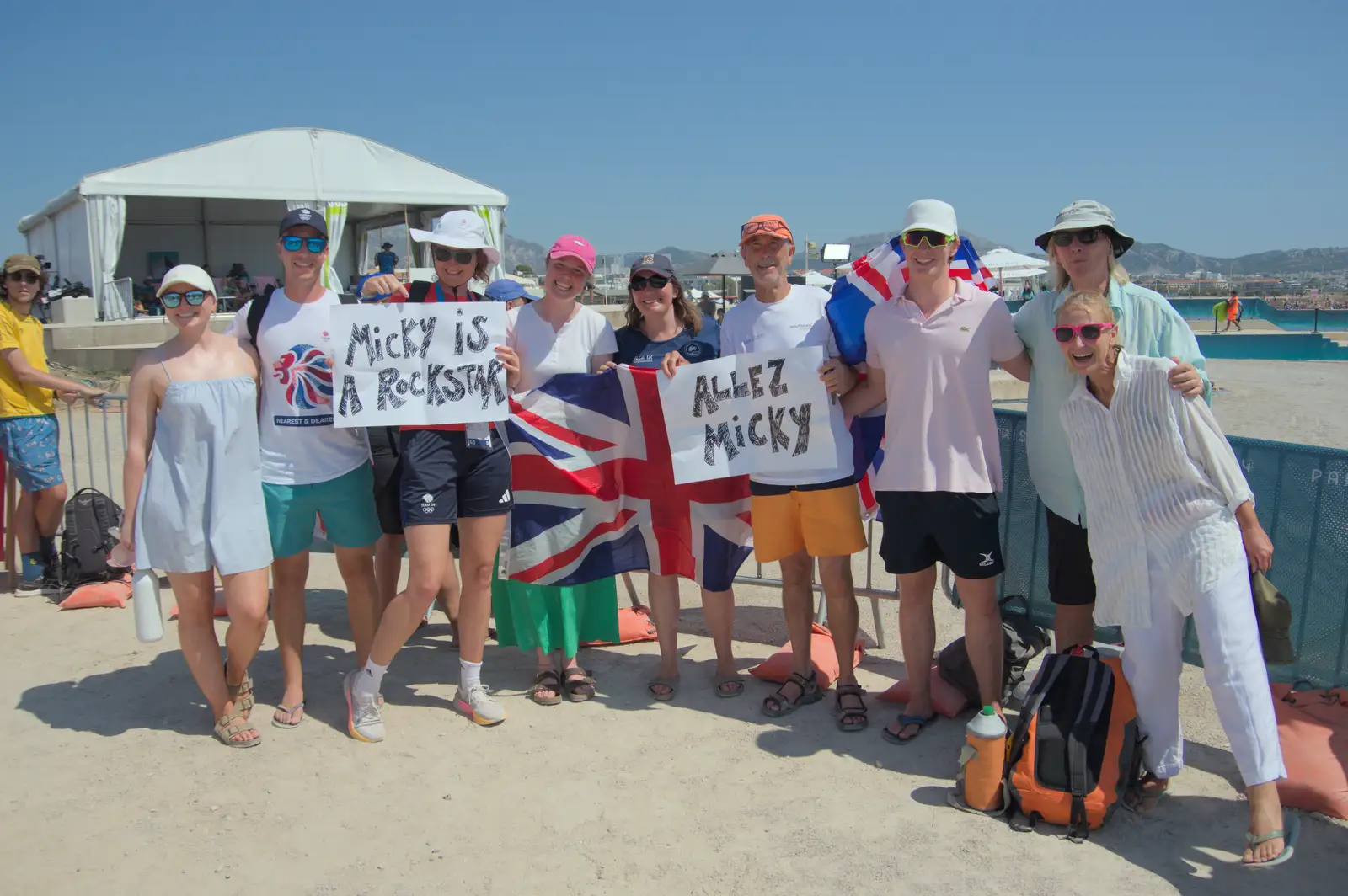 Team support for Micky Beckett in the men's ILCA7, from Olympic Non-Sailing, Notre Dame, and the Journey Home, Marseille, France - 8th August 2024