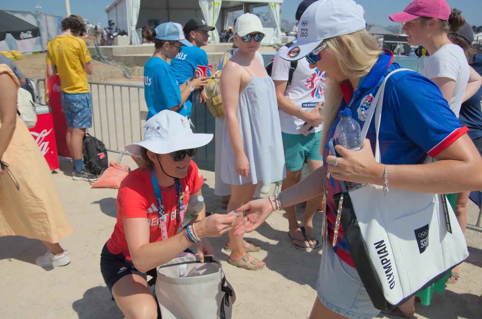 Hannah swaps pins with the Cayman Islands, from Olympic Non-Sailing, Notre Dame, and the Journey Home, Marseille, France - 8th August 2024