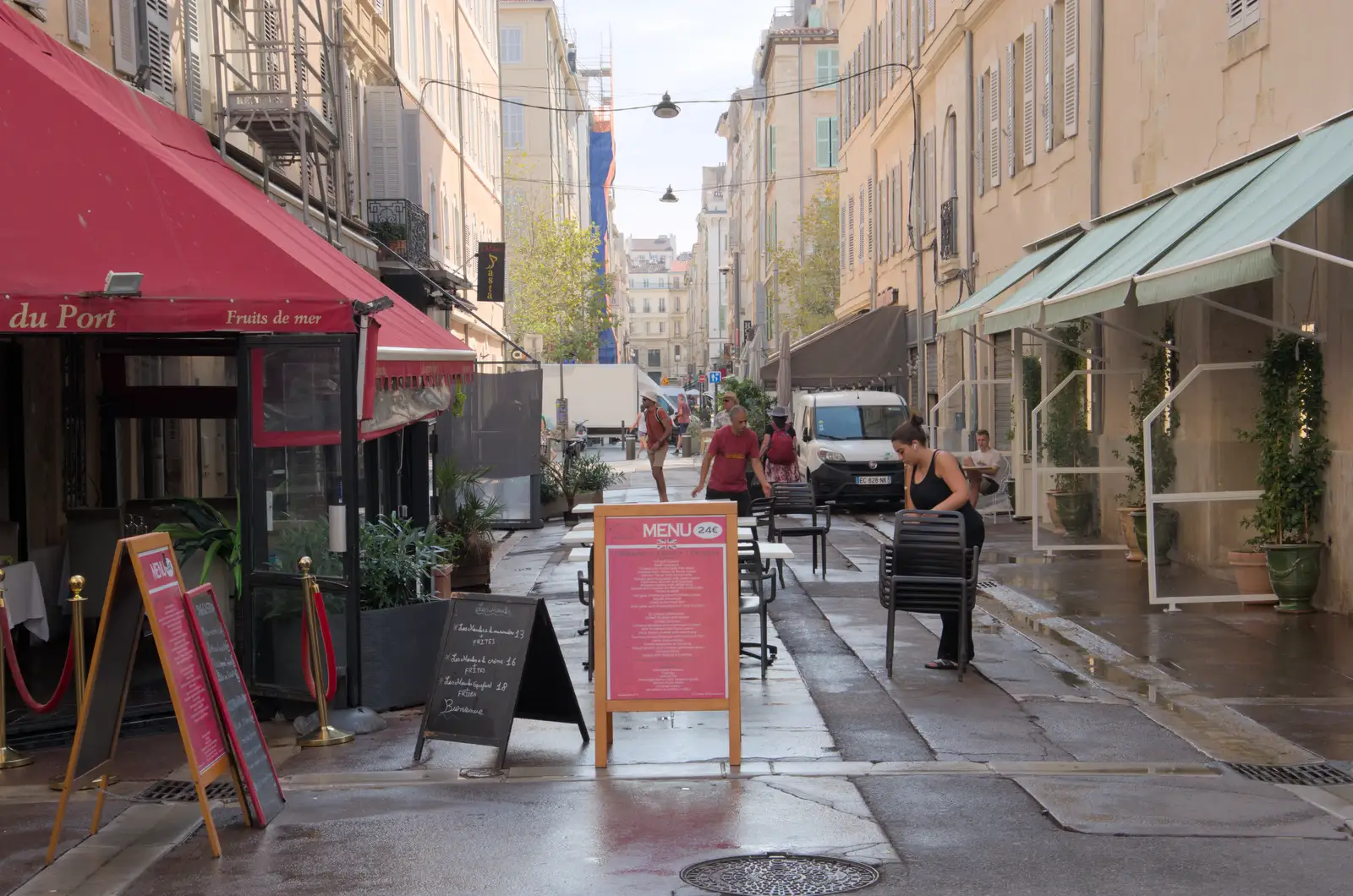 A café sets up for the day's trade, from Olympic Non-Sailing, Notre Dame, and the Journey Home, Marseille, France - 8th August 2024