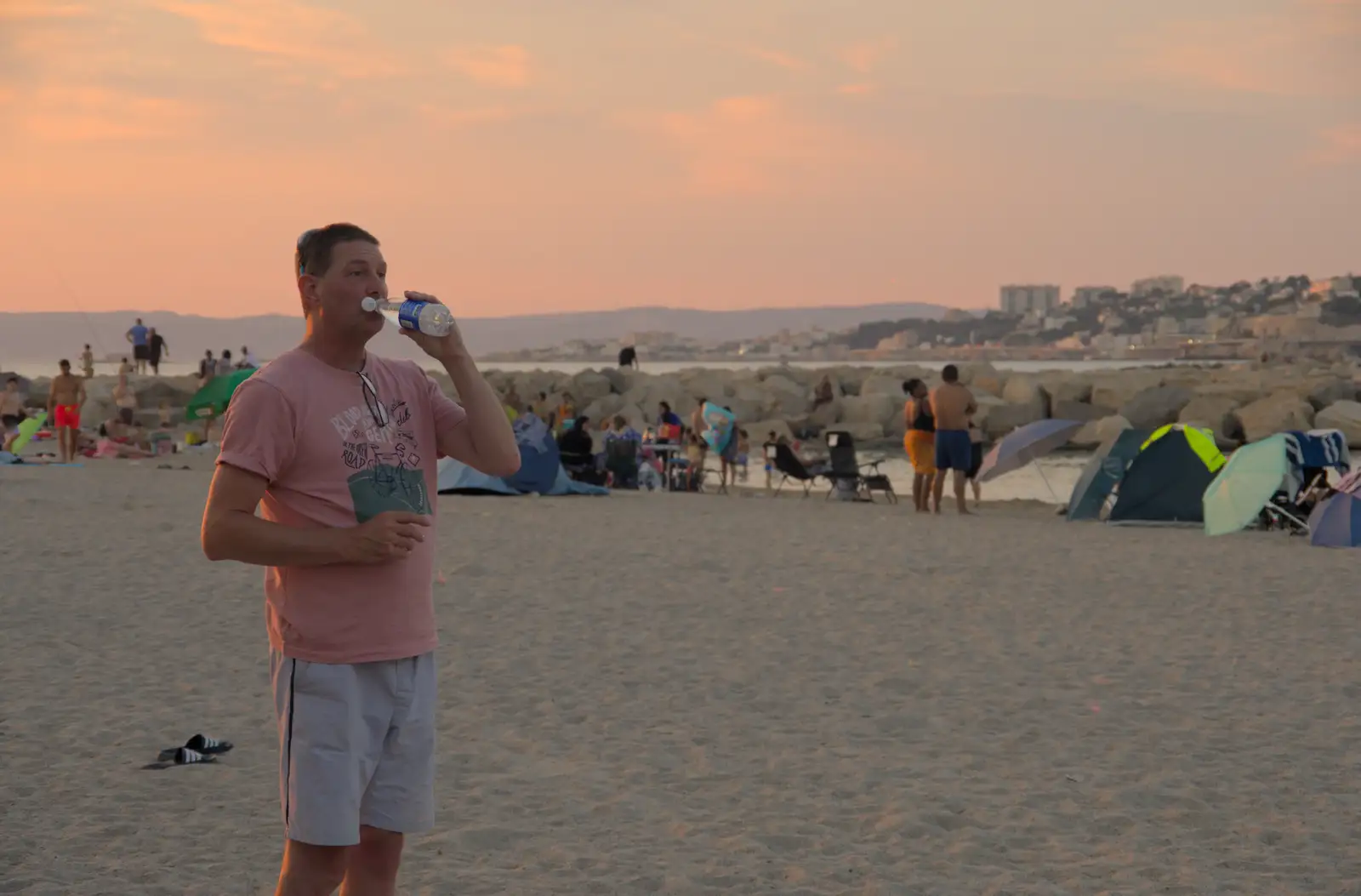 Sean has a swig of water, from Olympic Non-Sailing, Notre Dame, and the Journey Home, Marseille, France - 8th August 2024