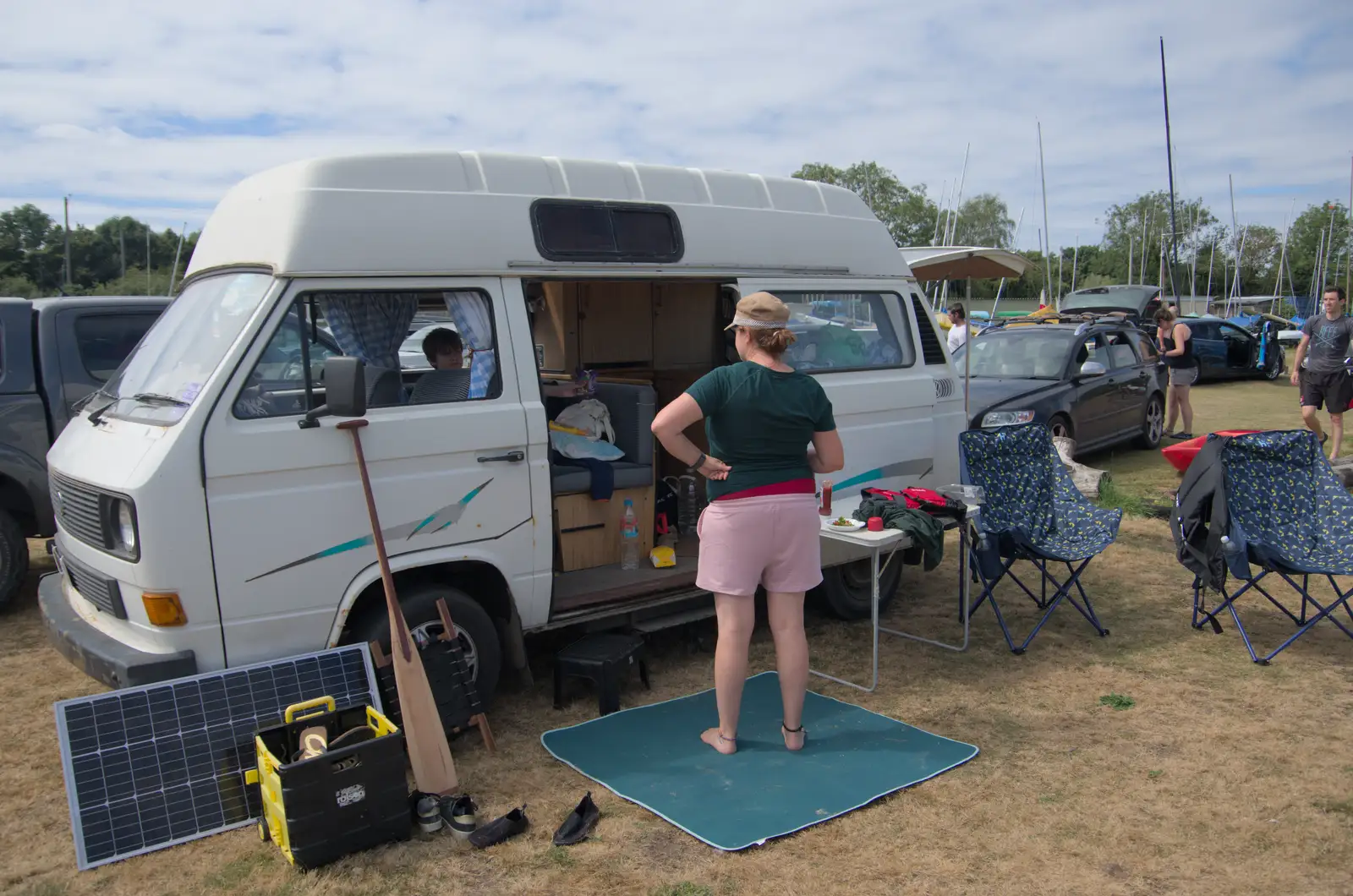 Isobel by the camper van, from Camping at Weybread, and the BSCC at Cotton and Dickleburgh - 14th August 2024