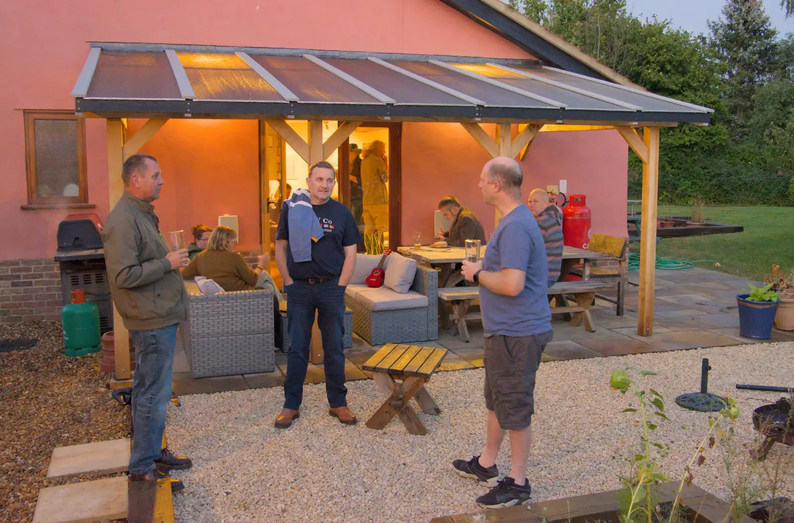 Andrew, Clive and Paul in front of the new roof, from A Summer Party, and the GSB at Walsham le Willows, Suffolk - 26th August 2024