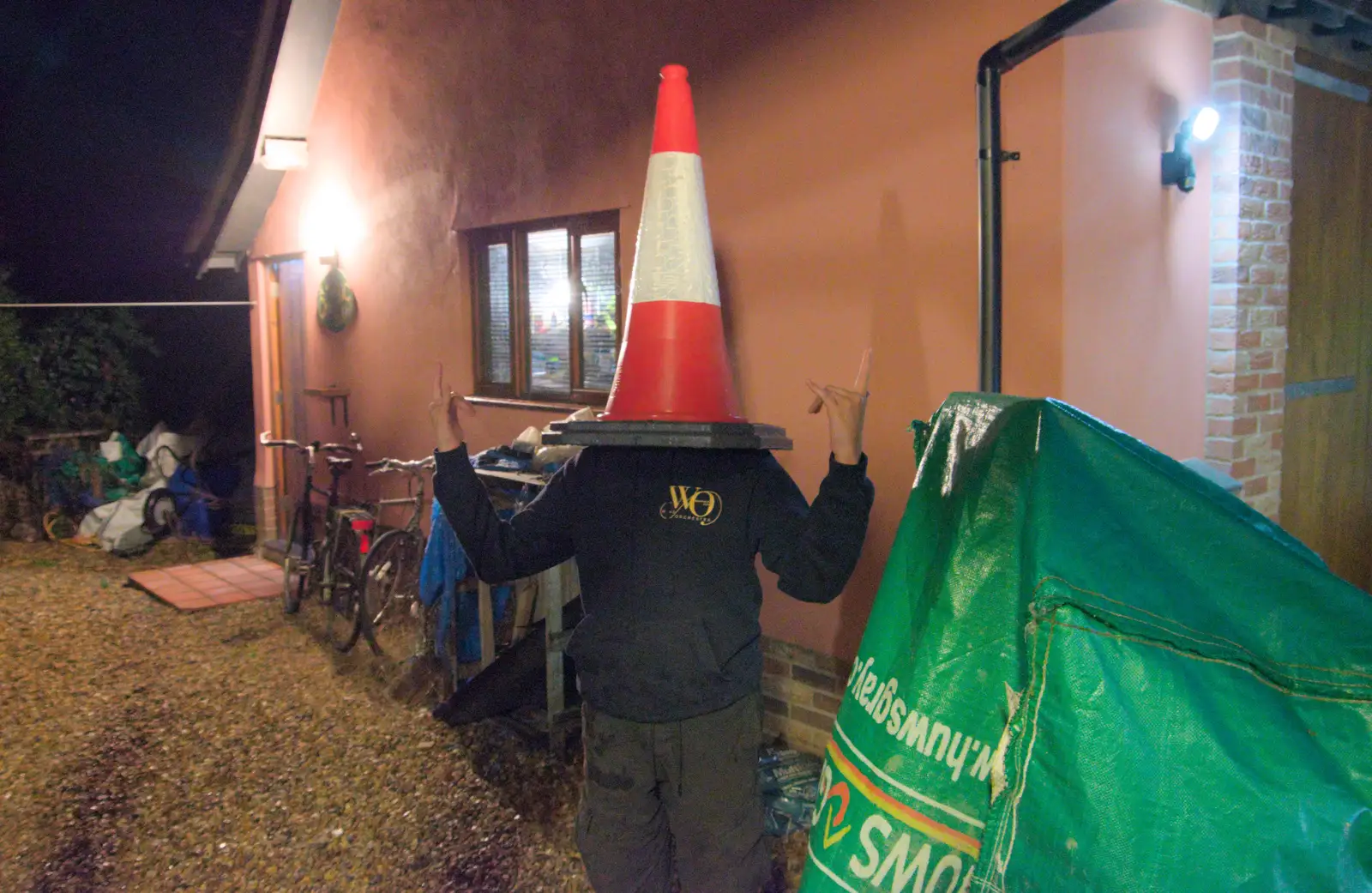 Fred's got a road cone on his head, from A Summer Party, and the GSB at Walsham le Willows, Suffolk - 26th August 2024