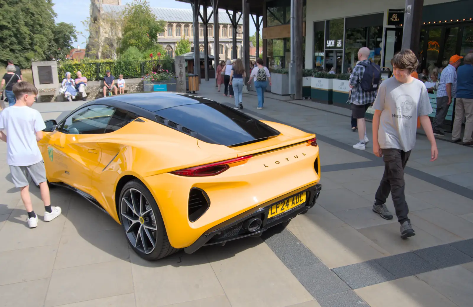 Fred scopes out a fancy Lotus outside Chapelfield, from The Death of the Feather Factory, Diss, Norfolk - 30th August 2024