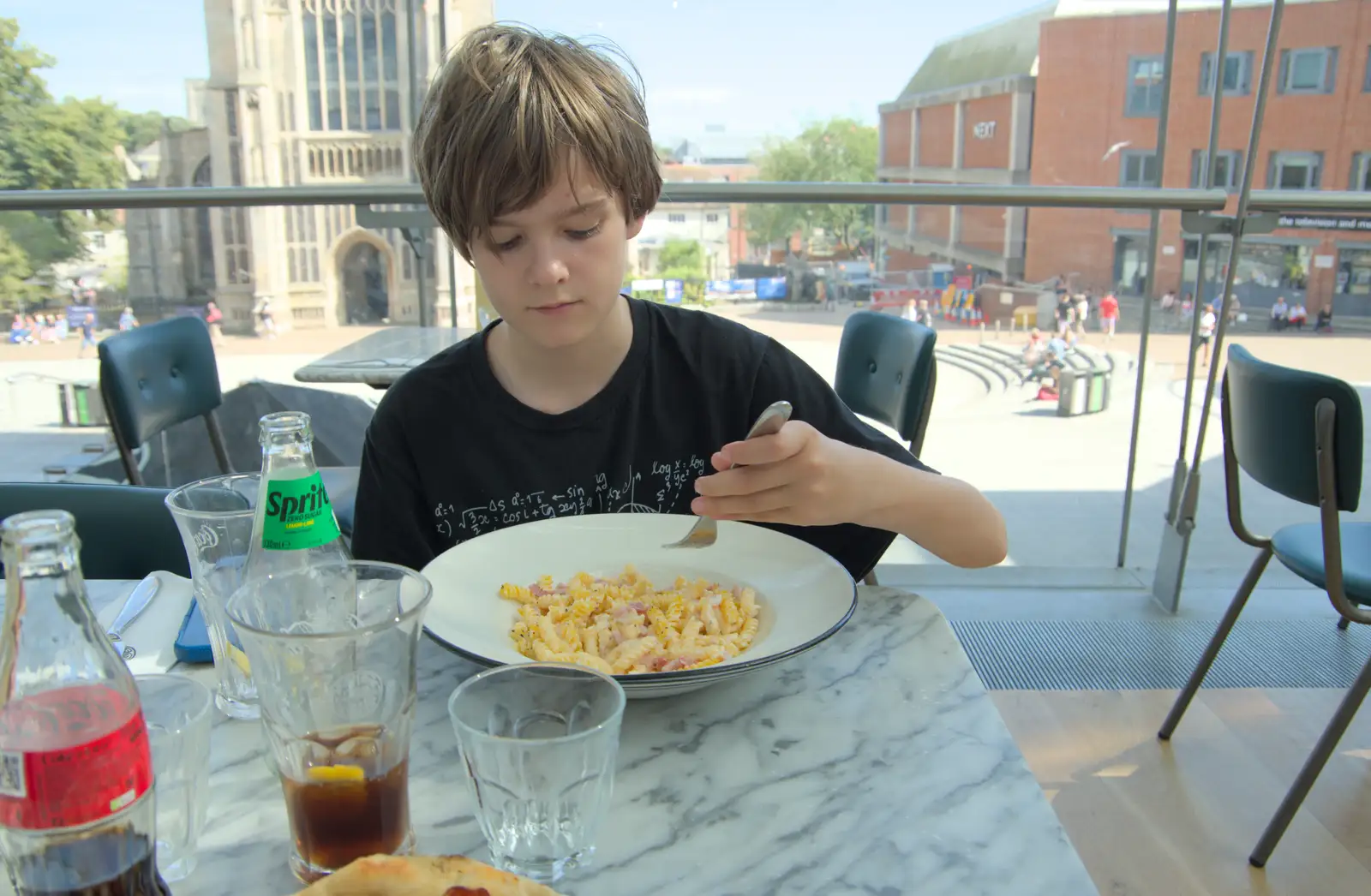 Harry has some pasta at Pizza Express, from The Death of the Feather Factory, Diss, Norfolk - 30th August 2024