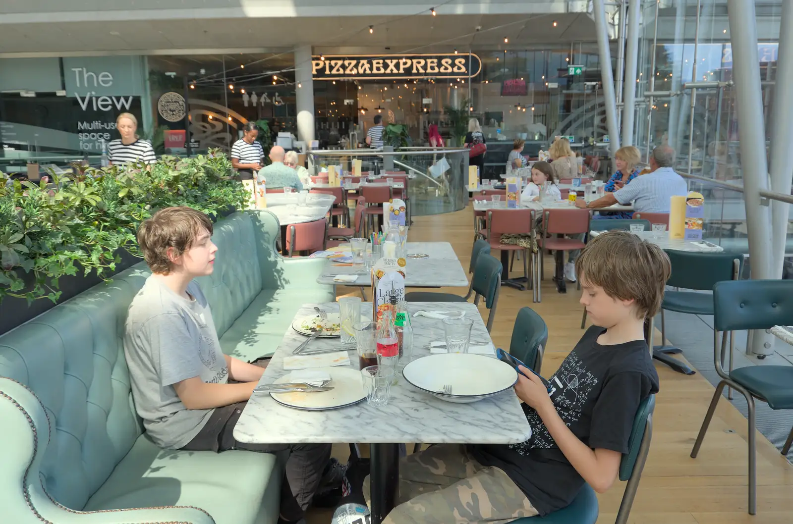 The boys in Pizza Express in the Forum, from The Death of the Feather Factory, Diss, Norfolk - 30th August 2024