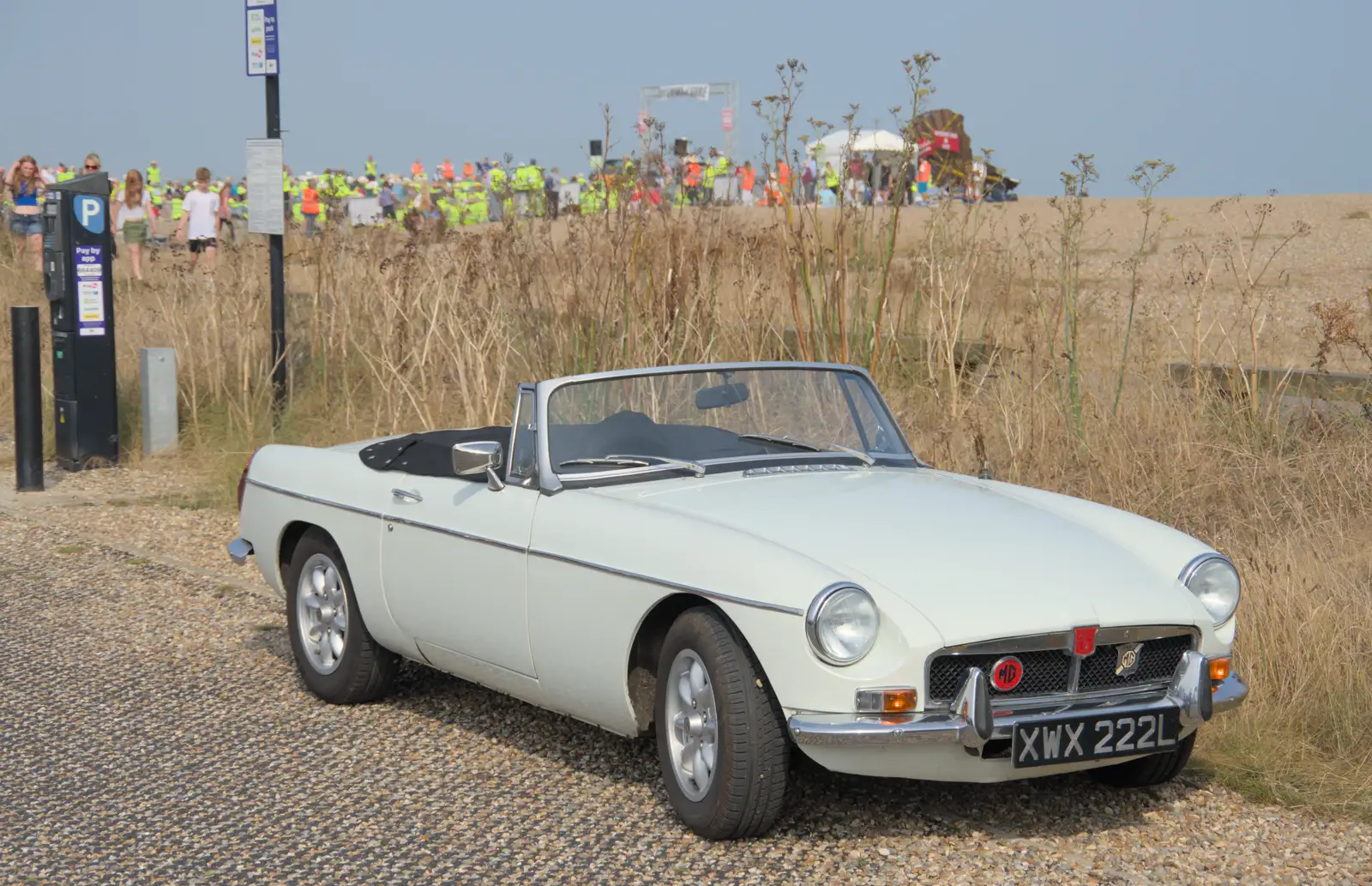 There's a nice open-top MG in the car park, from A Protest on the Beach, Aldeburgh, Suffolk - 1st September 2024