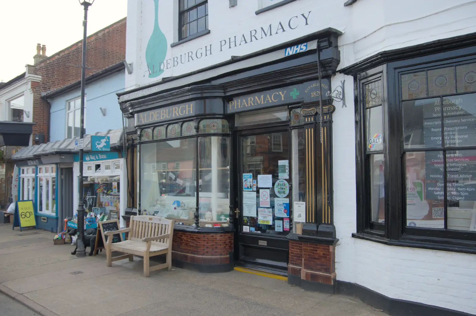 A Victorian pharmacy from 1824, from A Protest on the Beach, Aldeburgh, Suffolk - 1st September 2024