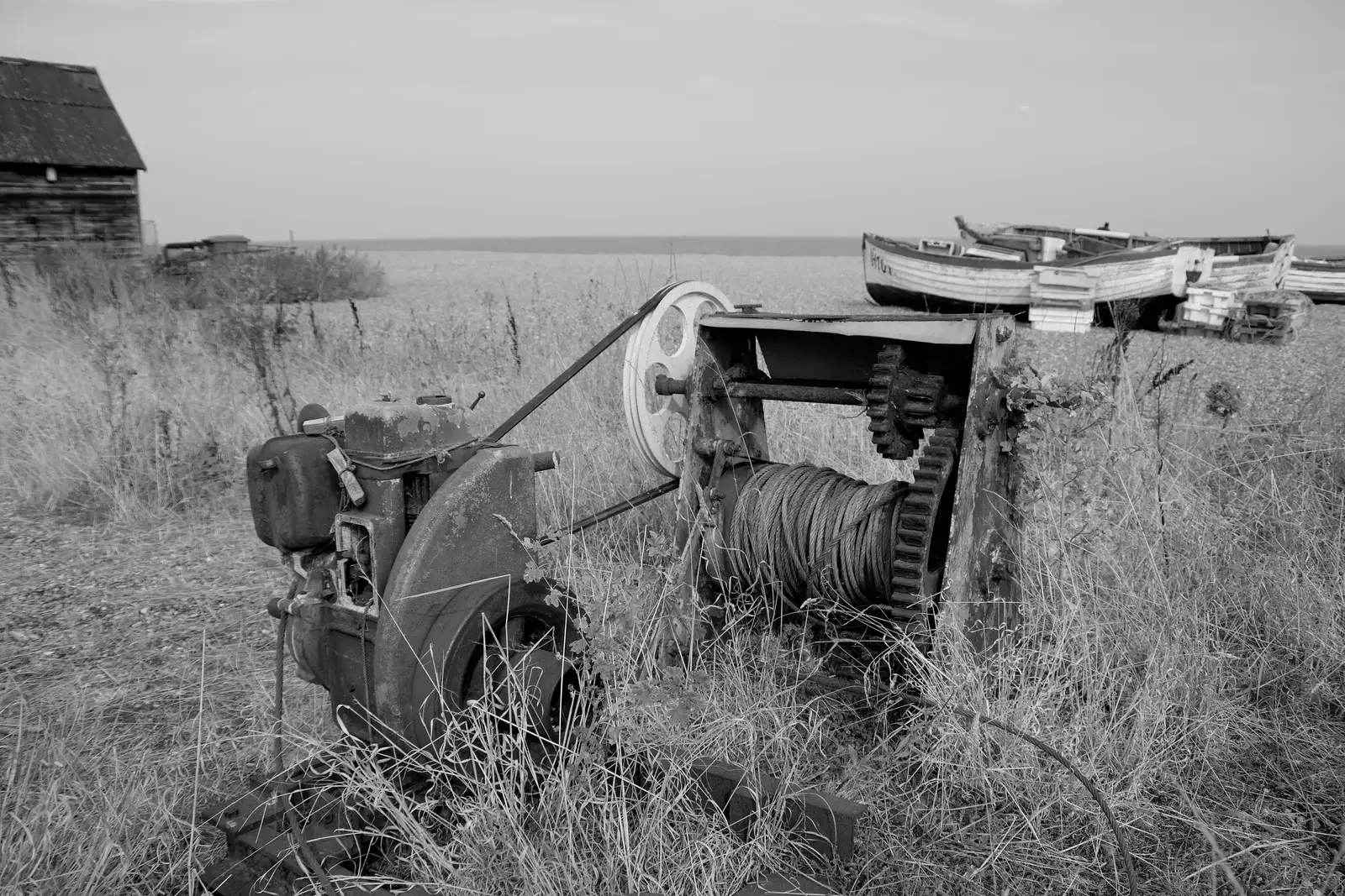 A derelict winch in the long grass, from A Protest on the Beach, Aldeburgh, Suffolk - 1st September 2024