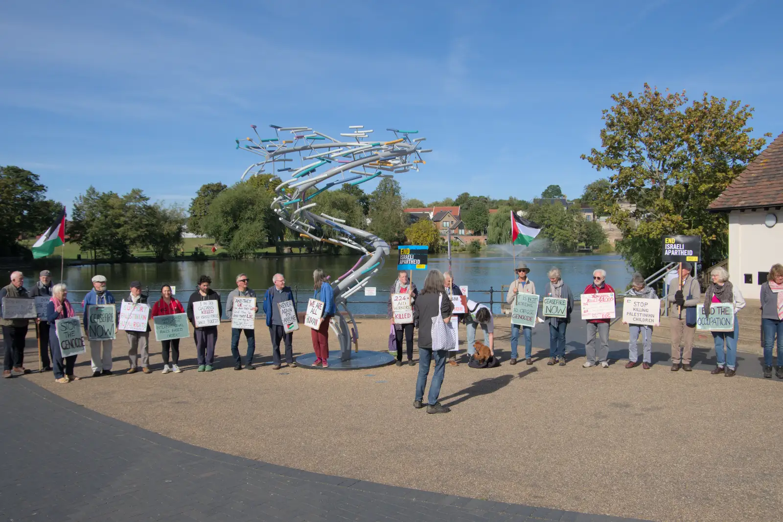 A pro-Palestine demo gathers by the Mere in Diss, from Palgrave Players Busking and the GSB at Pulham Market, Norfolk - 14th September 2024