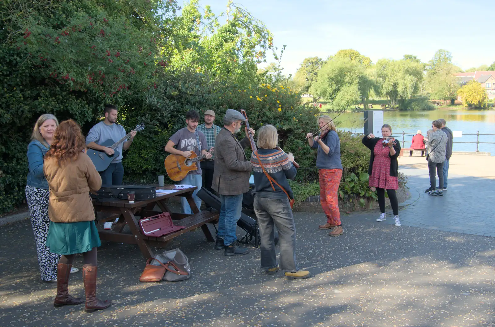 Isobel gets the fiddle out, from Palgrave Players Busking and the GSB at Pulham Market, Norfolk - 14th September 2024