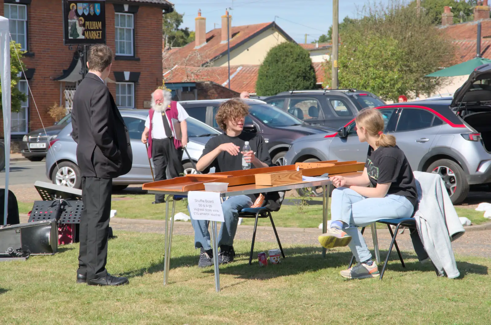 Archie and Anna are doing a shuffleboard, from Palgrave Players Busking and the GSB at Pulham Market, Norfolk - 14th September 2024