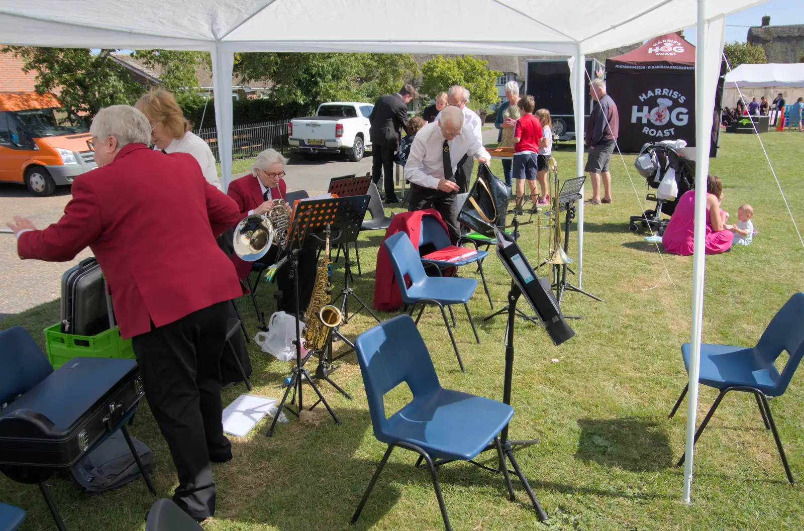 Thew band sets up on the green, from Palgrave Players Busking and the GSB at Pulham Market, Norfolk - 14th September 2024