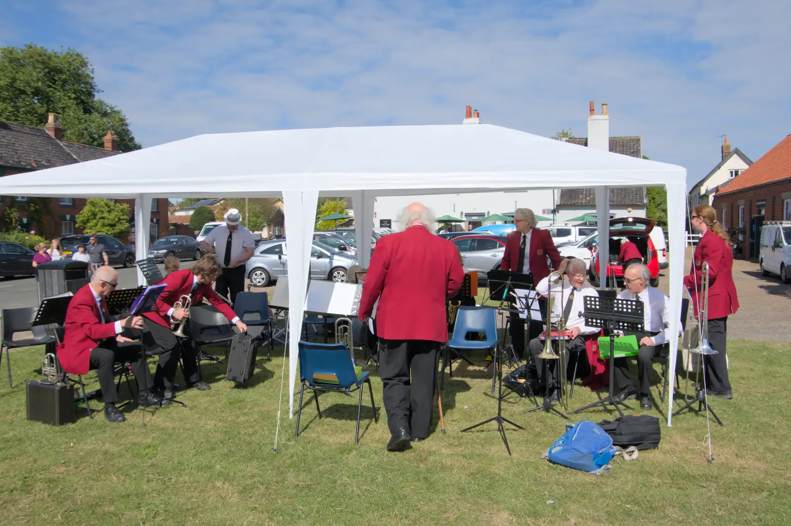 The band under a very flimsy gazebo, from Palgrave Players Busking and the GSB at Pulham Market, Norfolk - 14th September 2024