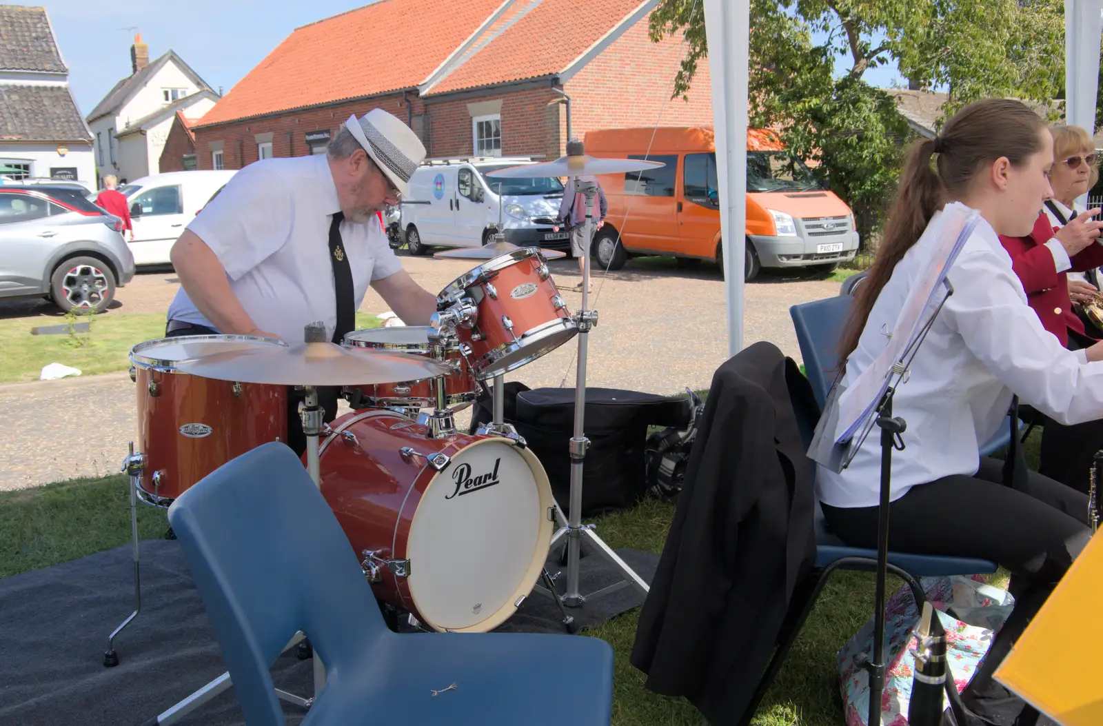 Mark sets the drum kit up, from Palgrave Players Busking and the GSB at Pulham Market, Norfolk - 14th September 2024