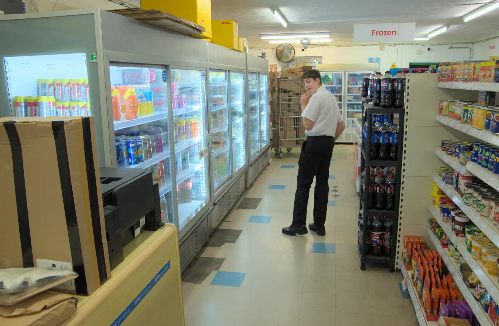 Fred looks for fizzy water in Sam's Local Shopper, from Palgrave Players Busking and the GSB at Pulham Market, Norfolk - 14th September 2024