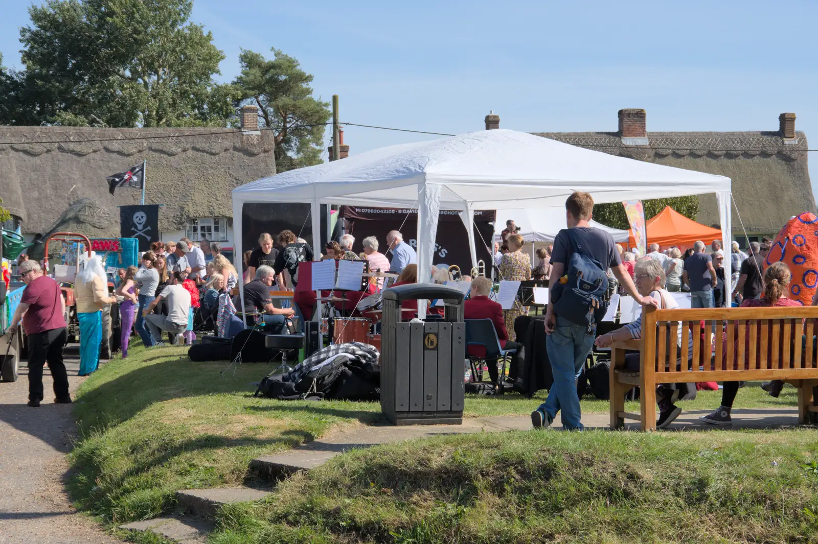 The almost-fly-away gazebo on the green, from Palgrave Players Busking and the GSB at Pulham Market, Norfolk - 14th September 2024