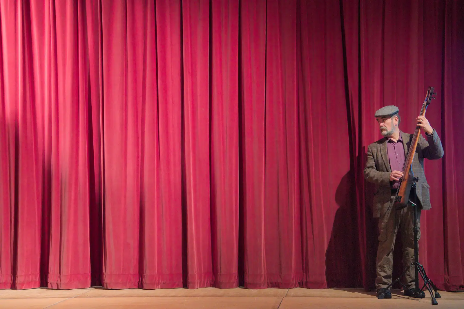 Doug plays his bass on front of the stage, from Palgrave Players do "Once", Garboldisham, Norfolk - 18th September 2024