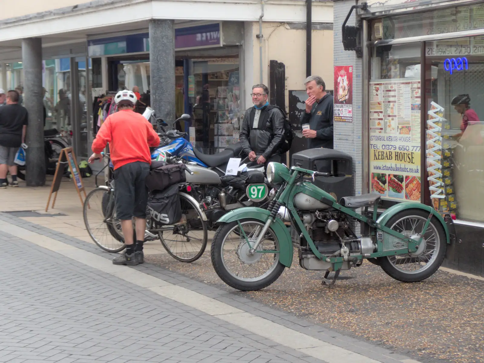 A very vintage motorbike outside the kebab shop, from Diss Heritage Transport Festival and the GSB at Wickham Skeith - 22nd September 2024