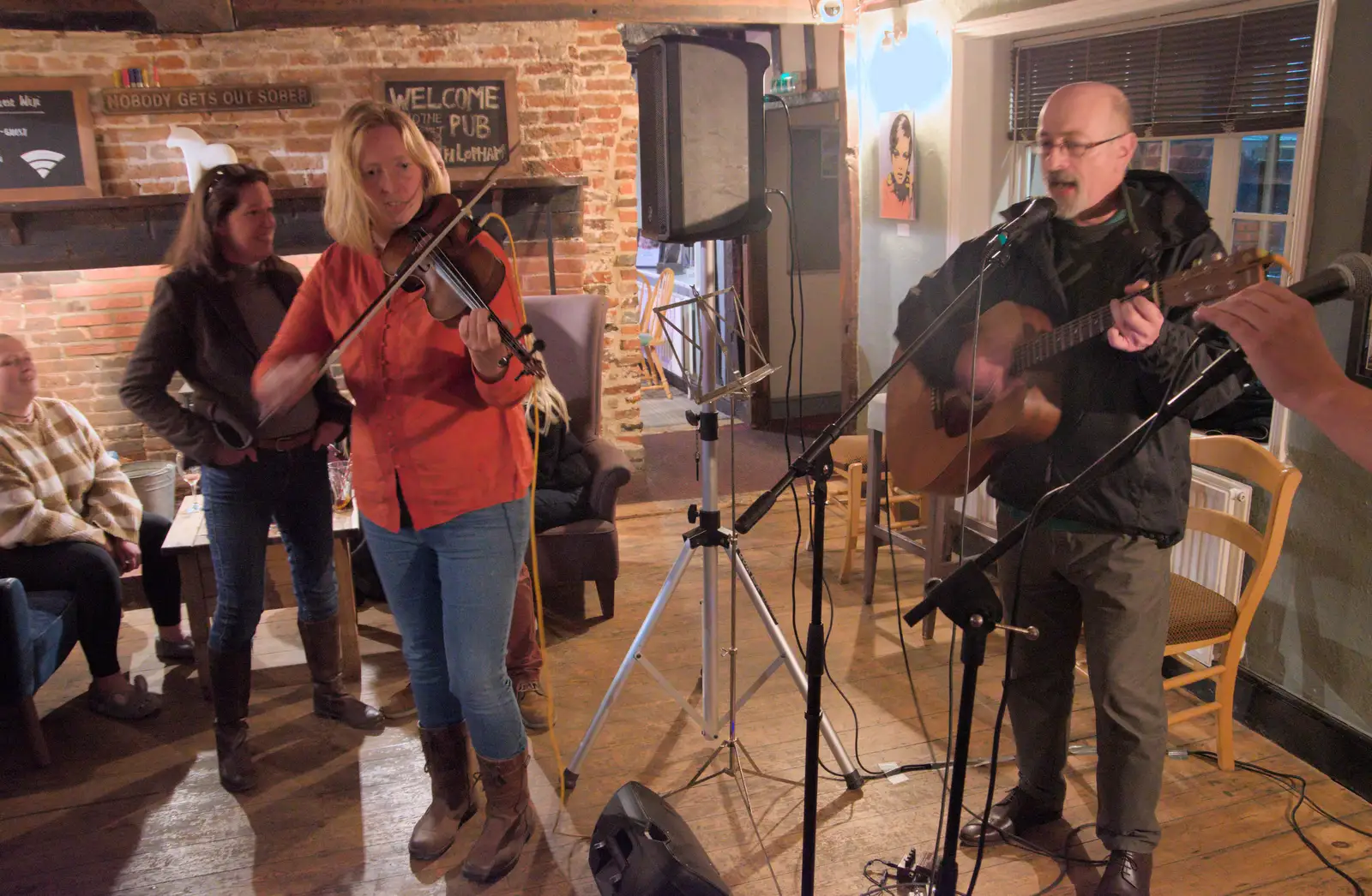 Vicky on fiddle for another guitar song, from Palgrave Players do the White Horse Open Mic Night, South Lopham - 29th September 2024