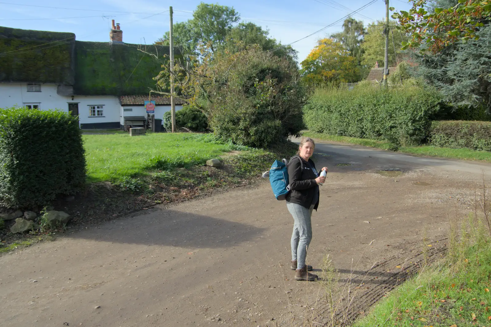 Isobel near the old pub in Thrandeston, from A Walk to the Railway Tavern, Mellis, Suffolk - 13th October 2024