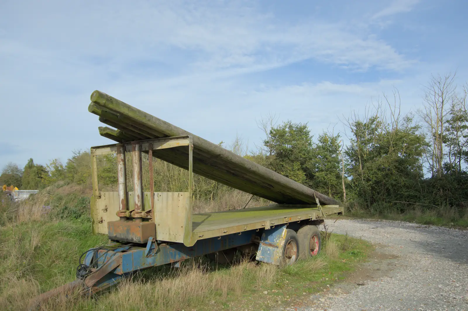 An abandoned trailer of telegraph poles, from A Walk to the Railway Tavern, Mellis, Suffolk - 13th October 2024