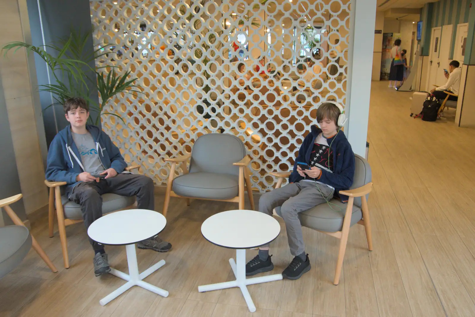 Fred and Harry wait around near reception, from A Trip to Lloret de Mar, Catalonia, Spain - 27th October 2024