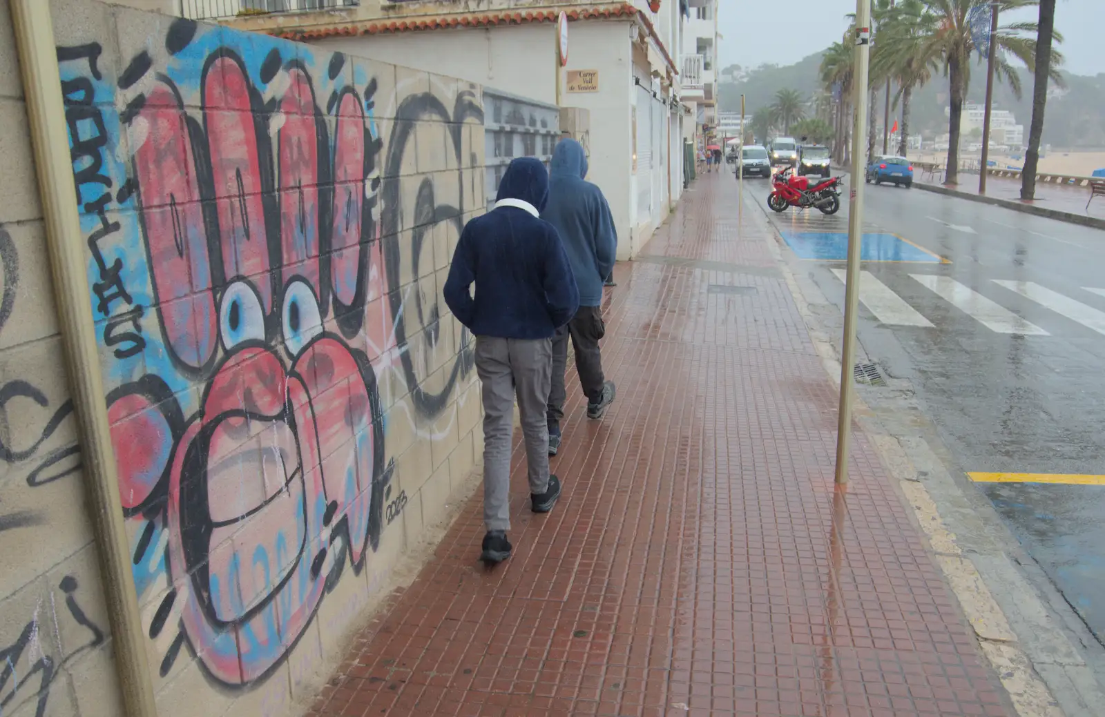 The boys on the main strip in the rain, from A Trip to Lloret de Mar, Catalonia, Spain - 27th October 2024