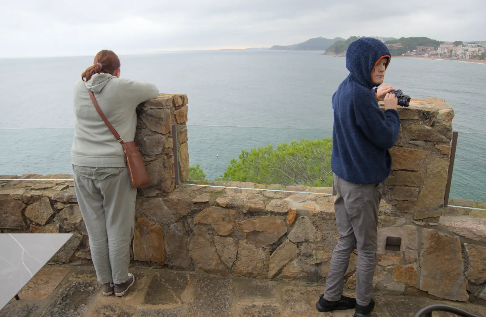 Isobel and Harry looks out over Lloret de Mar, from A Trip to Lloret de Mar, Catalonia, Spain - 27th October 2024