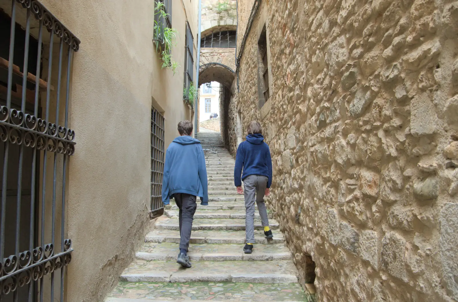 Fred and Harry walk up some steps, from A Return to Girona, Catalunya, Spain - 29th October 2024