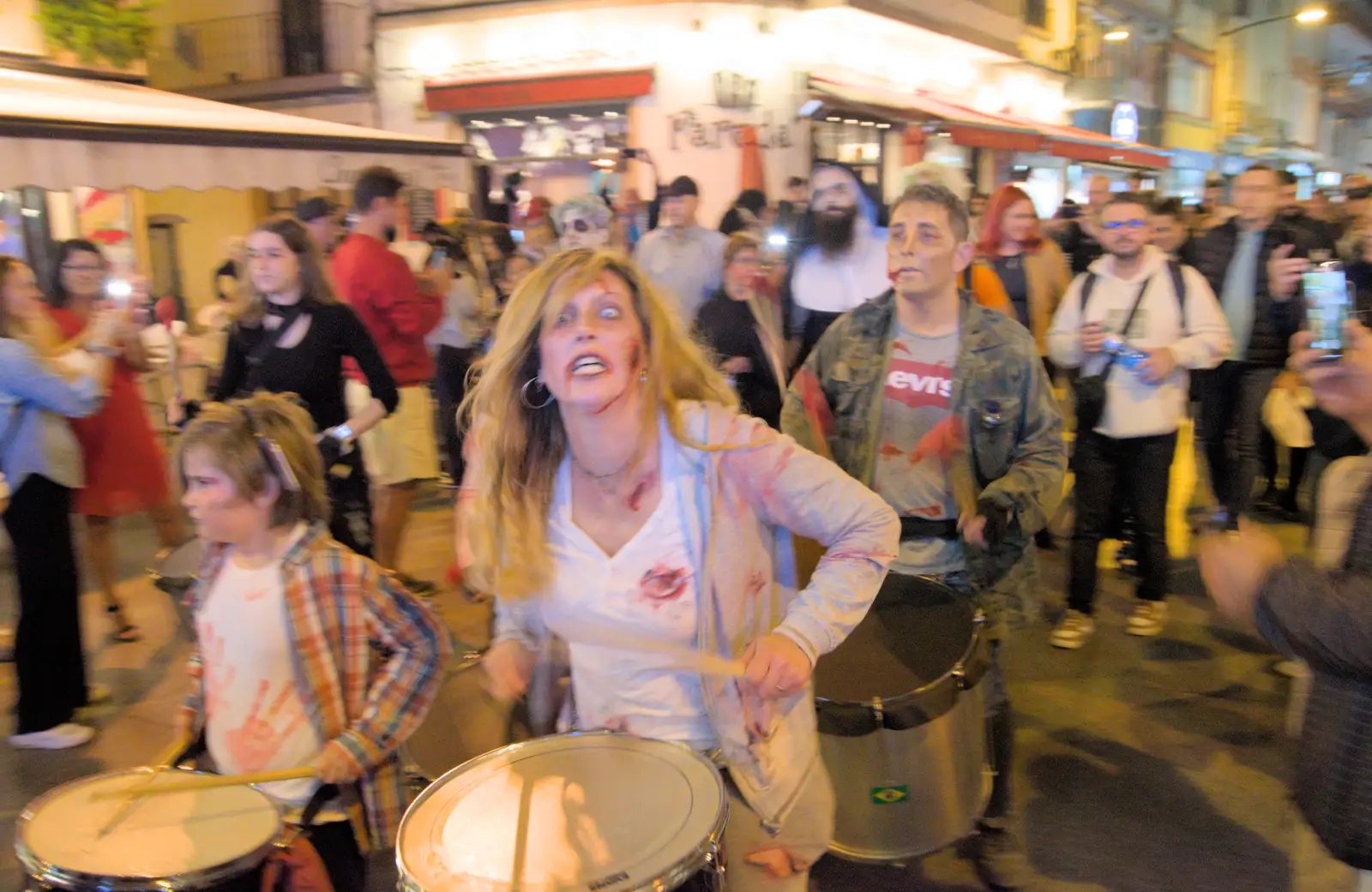 A zombie drummer passes by, from Halloween and Flamenco Guitar, Lloret de Mar, Catalunya, Spain - 31st October 2024