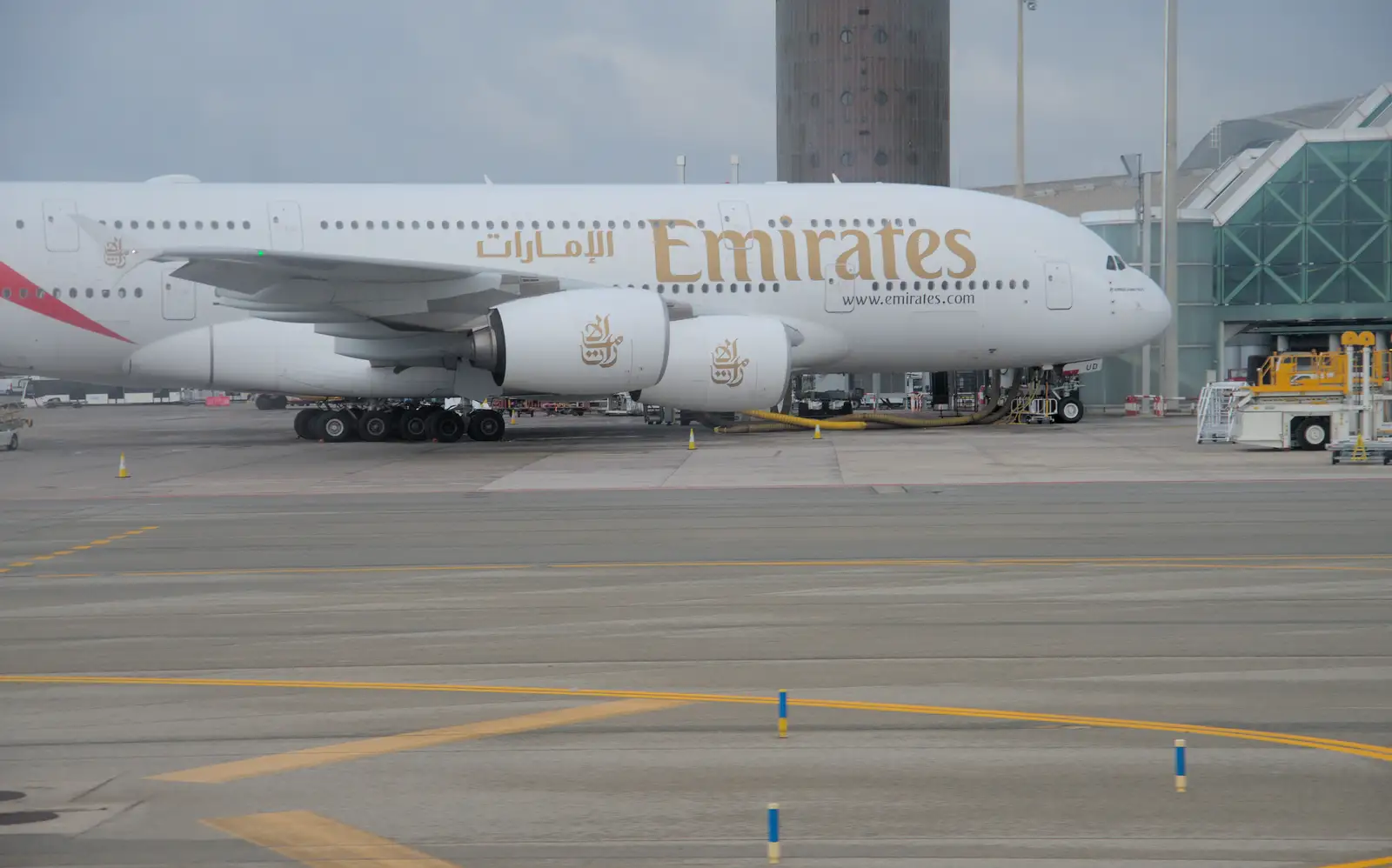 We taxi past an Emirates A380 super-heavy, from Blanes, and the Castanyada Festival, Lloret de Mar, Catalunya - 1st November 2024