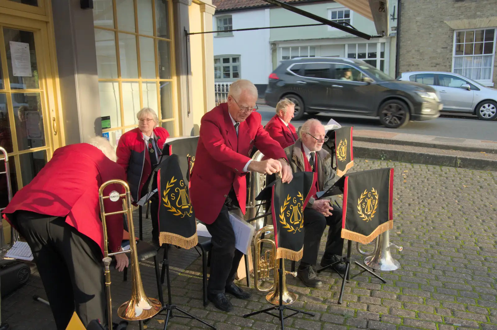 A band banner is pegged down, from Remembrance Sunday with the GSB, Brome and Botesdale, Suffolk - 10th November 2024