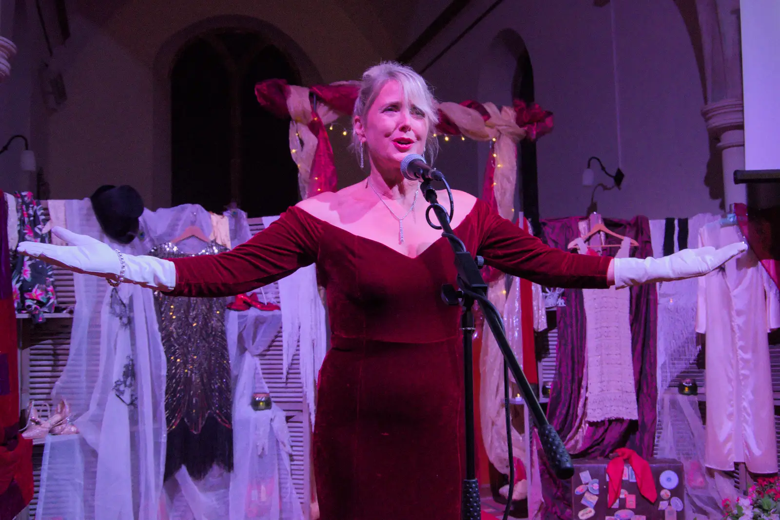 Chrissie is Eva Peron, from Palgrave Players do Cabaret, St. Peter's Church, Palgrave - 16th November 2024