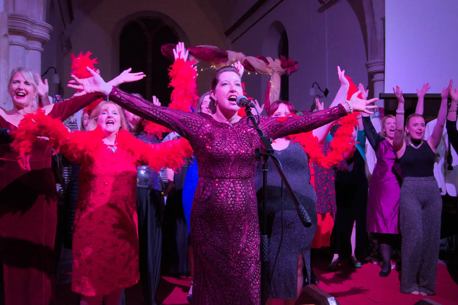 Suzanne at the end of the encore of Life is a Cabaret, from Palgrave Players do Cabaret, St. Peter's Church, Palgrave - 16th November 2024