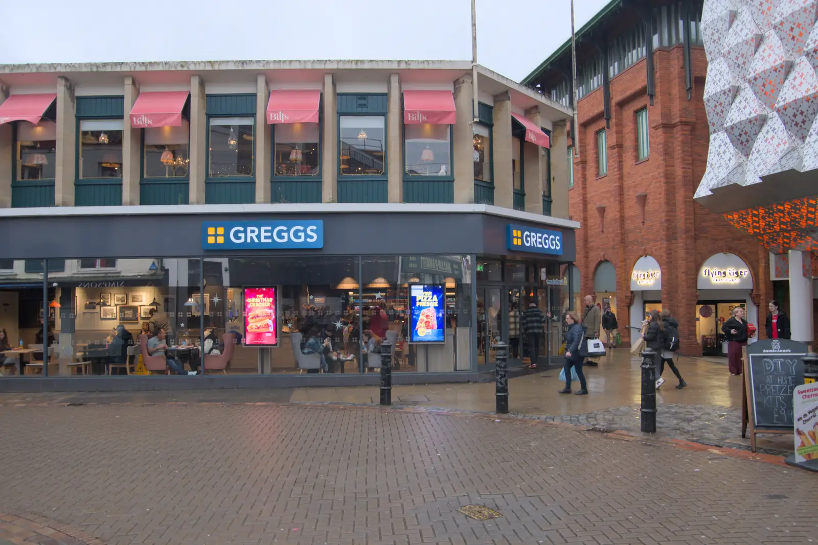 The very 1970s Bill's and Greggs, formerly Game, from Christmas Shopping in Norwich, Norfolk - 8th December